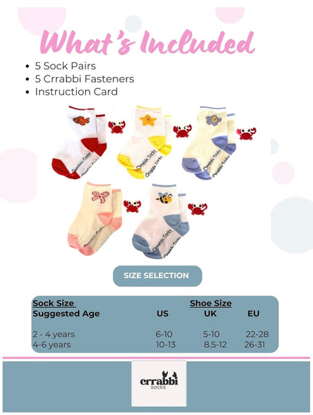 Crrabbi Socks - Kids Crew Sock & Fasteners 5 Pack